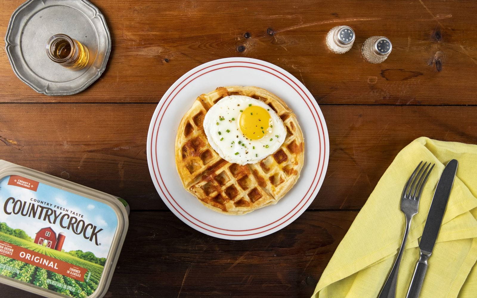 recipe image Cheesy Noodle Waffle with a fried egg