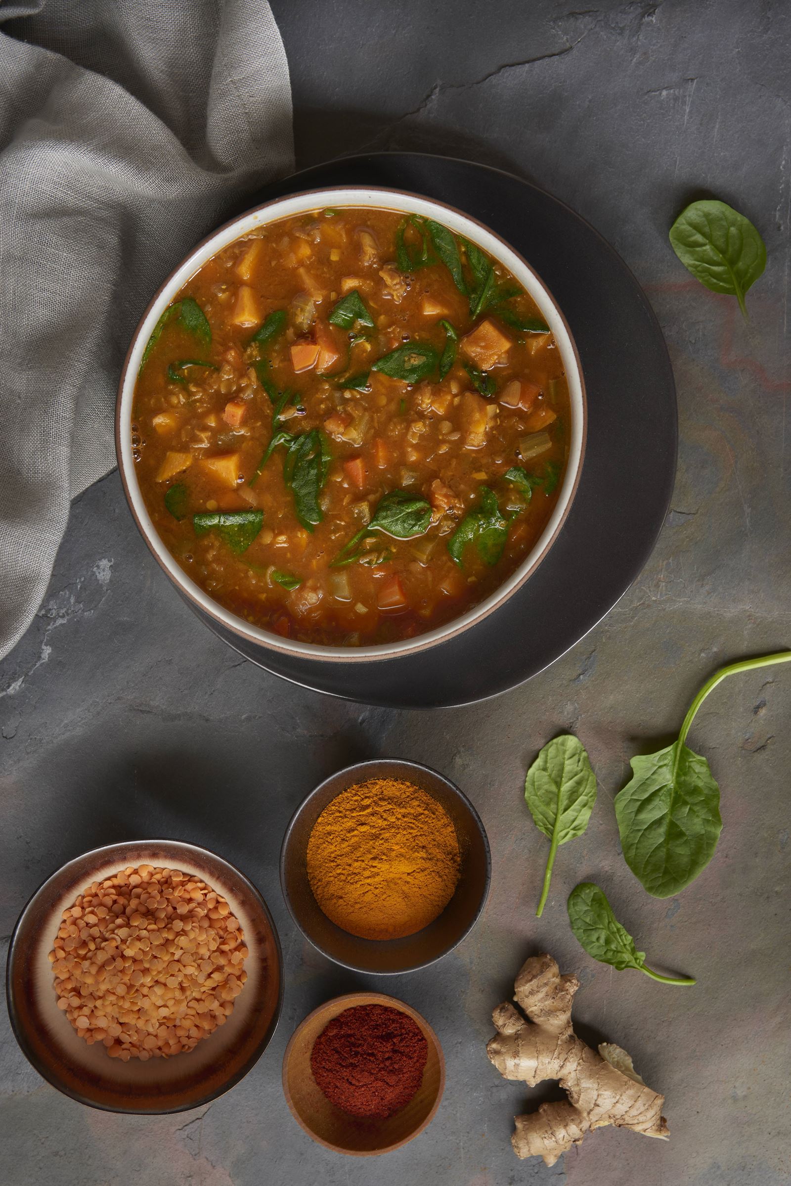 recipe image Red Lentil, Sweet Potato and Spinach 'Stoup'