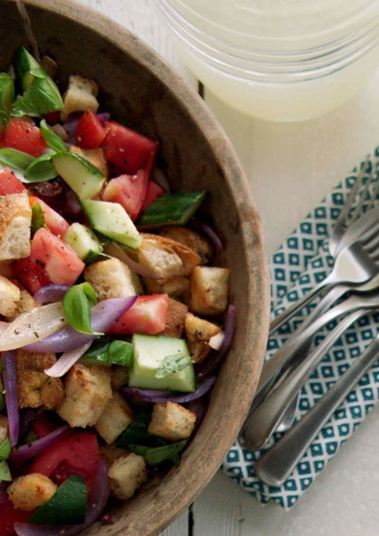 recipe image Fresh Tomato & Cucumber Salad with Buttery Garlic Croutons