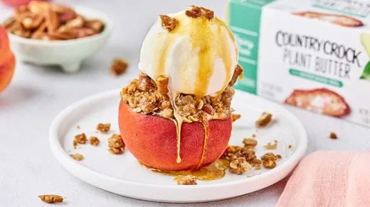 recipe image Country Crock Stuffed Baked Peaches with Dairy-Free Streusel